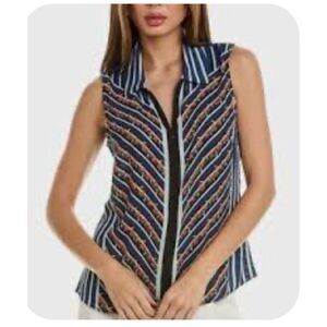 CAbi sleeveless blue and black striped chevron blouse - M